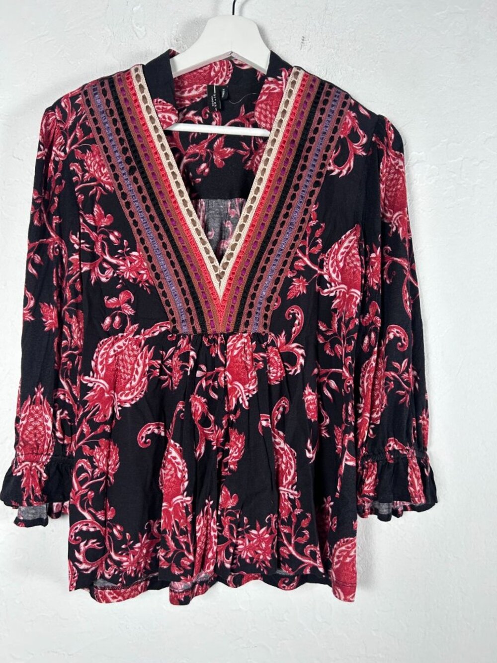 Bl-nk London Womens Floral V-Neck Top Blouse XS Black Red 3/4 Sleeve Casual